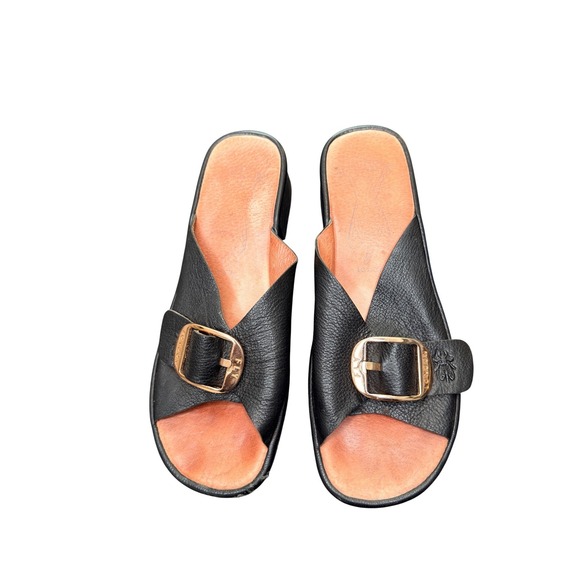 Fly London Shoes - FLY London Elax Leather Mules Sandals Women's Buckle‎ Detail Black Open Toe 7